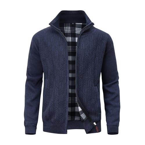 MeiLayM Mens Knitted Cardigan Full Zip Stand Collar Knitted Jackets Fleece Lined Winter Casual Outerwear Jacket Warm Coat Long Sleeve Breathable Jacket with Pockets Blue,L