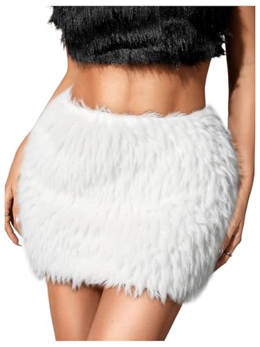 MakeMeChic Womens Fur Skirts Brown Fuzzy Micro Mini Pencil Skirt Y2K Summer Going Out Outfits White Medium