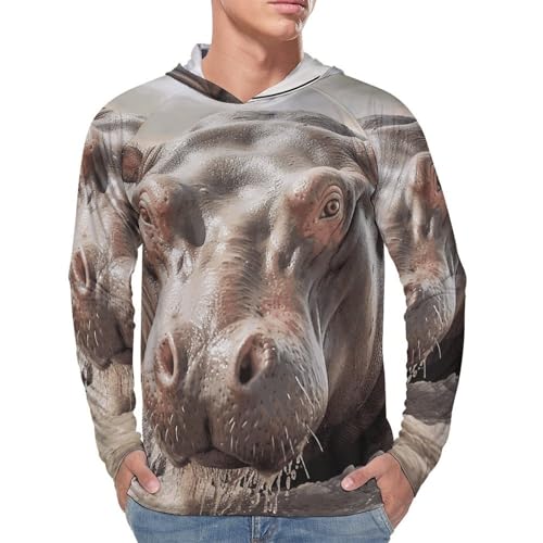 Mens UPF 50+ Sun Protection Hoodie Rash Guard Long Sleeve Sun Shirt Hiking Hippopotamus in Water Fishing Hoodie-4