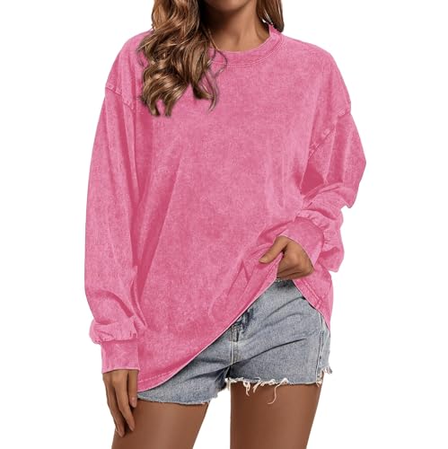 Image of Qiqilyly Oversize Basic Sweatshirt Long Sleeve Shirts for Women Oversized Long Sleeve Pullover Women's Crew Neck Acid Wash Cotton Loose Tops, pink, XXL