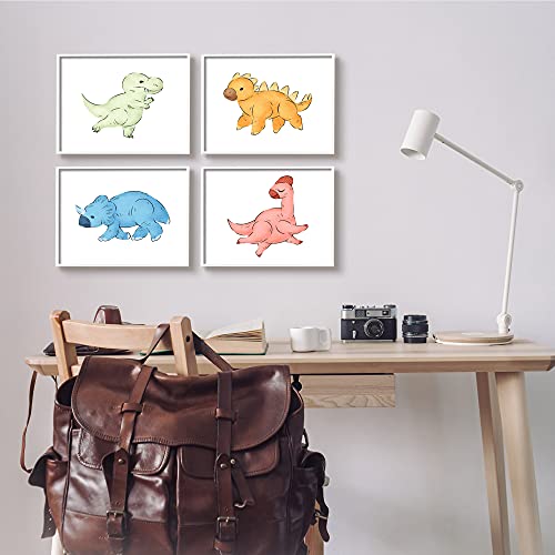 Stupell Industries Fun Baby Dinosaurs Cute T-Rex Children's Prehistoric Reptiles, Designed By Ziwei Li White Framed Wall Art, 4Pc, Each 14 X 11, Multi-Color #TOP1