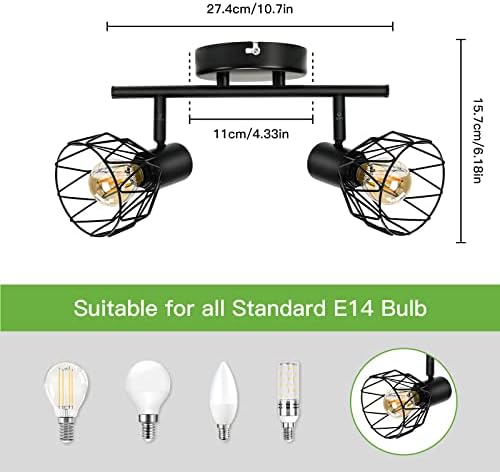 Kimjo Wall Spotlight Rotatable, Spot Light Ceiling Black Wire Cage Spot Bar Lighting Industrial, 2 Way Kitchen Light Fittings Indoor for Lounge Bedroom Hallway, E14 Base (No Bulbs)