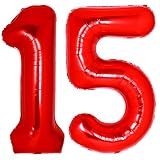 40 Inch Giant Red Number 15 Balloon, Helium Mylar Foil Number Balloons for Birthday Party, 15th Birthday Decorations for kids and adults, 15 Year Anniversary Party Decorations Supplies
