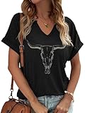 Summer Sexy V-Neck Vintage Western Rodeo Cowboy Steer Skull Shirt for Women Casual Boho Cowgirl Boots Graphic Tees (A-Black,M)