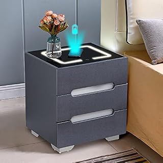TUKAILAi Smart Bedside Table with Wireless Charging, 3 Color LED Lights, 3 Drawers, Chest of Drawers Nightstand Bedside Table for Bedroom Living Room Black