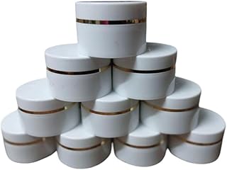 برطمان بلاستيك للكريم والمستحضرات التجميلية، أبيض، 50 مل، 10 قطع، مع حافة ذهبية، قطر 6 سم × ارتفاع 5 سم، للمستحضرات والكريمات واللوشن والماسكات والشموع