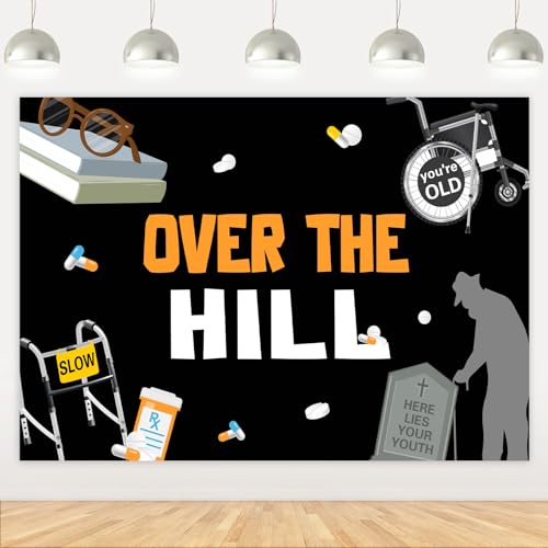 SHADOAMP Over The Hill Birthday Decorations, Over The Hill 40th 50th 60th Backdrop Banner 7X5ft Retirement Photo Background Decor for Old Age Funny Birthday Officially Retired Coworker Leaving Party