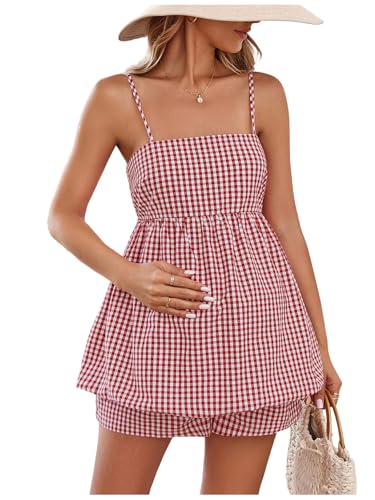 SweatyRocks Womens Maternity 2 Piece Outfits Plaid Peplum Bubble Cami Top and Shorts Sets Red and White Large