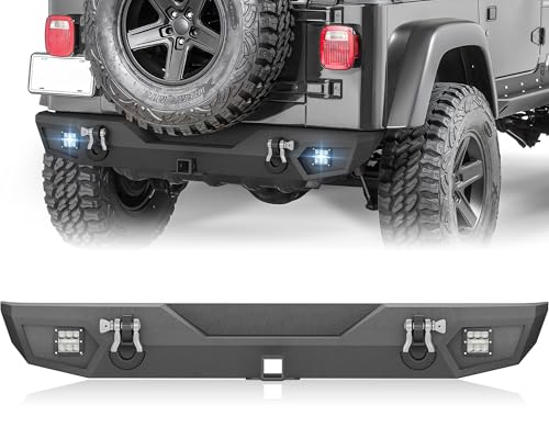YZONA for Jeep Wrangler TJ YJ LJ Off-road Rear Bumper Compatible with 1987-2006 Jeep Wrangler TJ YJ LJ Unlimited Rock Crawler Bumper with 2 x LED Lights D-Rings & 2 Hitch Receiver Textured Black