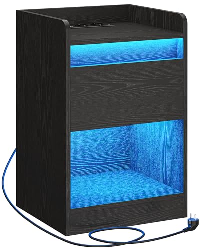 KIMENICH Table de Chevet pour Adulte, Table de Nuit avec 2 Bandes LED et Multiprise avec Port USB et Port USB C, Table d'appoint avec Tiroir, Bout de Canapé pour Chambre, Salon, Noir