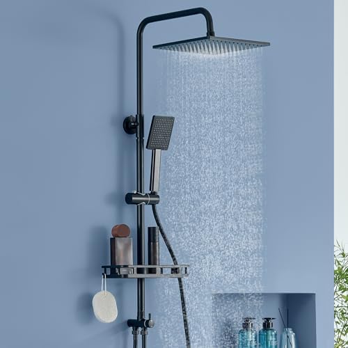 Auralum Regendusche Komplettset ohne Armatur, Edelstahl Regendusche mit Messing-Wasserteiler, Bohrfree-Ablage, duschkopf, 250mmx250mm Überkopfbrause, Duschsystem Komplettset ohne D