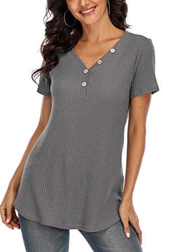 KUFV Women's Waffle Knit Short Sleeve Henley Button up T Shirt Casual Basic Tunic Tops Blouse Grey