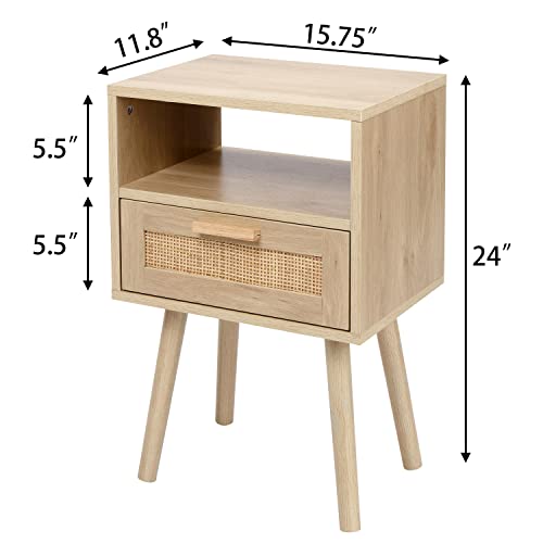 Finnhomy Nightstands Set Of 2, End Table, Nightstand, Side Table With Hand Made Rattan Decorated Drawers, Wood Accent Table With Storage For Bedroom, Natural #TOP2