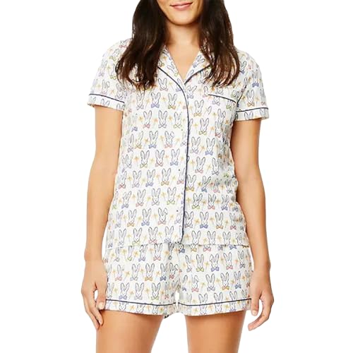 Pyjama d'été femme 2 pièces ttrichhe vêtement de nuit fluide à motif lapin