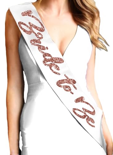 Bride Sash Rose Gold - Bridal Grade Satin Glam Rose Gold Bride to Be Sash - Bachelorette Party Sash - White Sash(GlmB2B RG) Wht