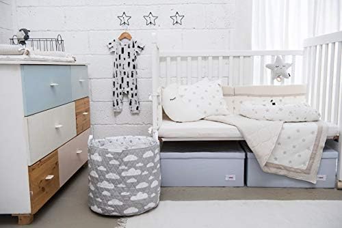 Cotton Storage Basket Award Winning Large Collapsible Portable Wipe Clean Cotton Basket, Baby Nursery Organiser for Storage, Kid Storage, Blankets, Clothes, Towels and Toys, Grey White Clouds