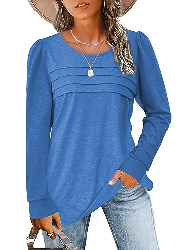 JomeDesign Long Sleeve Shirts for Women Trendy Puff Sleeve Tops Loose Casual Blouses Blue