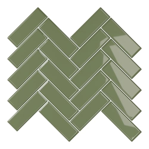 VEELIKE Olive Green Peel and Stick Tile Backsplash Herringbone Peel and Stick Backsplash for Kitchen Bathroom Walls 6 Sheets Green Peel and Stick Tile Waterproof Stick on Backsplash Tiles 12''x12'' by VEELIKE - Used condition - US$10.99