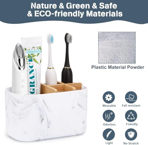 Image of Panchhi Store Tooth Brush Holder for Bathroom 5 Slots Bamboo Toothbrush Holder Electric Toothbrush Holder and Toothpaste Holder for Bathroom Countertop Accessories Storage White Marble Print Pack of 1
