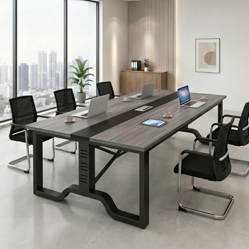 POPICK Mesa de Conferencias Grande, Mesa de Oficina Moderna con Gestión de Cables, Conference Table, Mesas de Conferencias para Sala de Reuniones, Solo Mesas sin Sillas(Roble Gris-A,240 * 130 * 75cm)