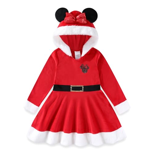 Disney Princess Frozen Elsa Minnie Mouse Girls Christmas Holiday Long Sleeve Hooded Santa Dress for Toddlers to Big Kids