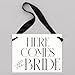 Ritzy Rose Here Comes The Bride Ring Bearer Wedding Sign - Elegant White Paper Cardstock with Bold Black Font & Black Satin Ribbon - Handmade Ceremony Banner for Flower Girls & Ring Bearers