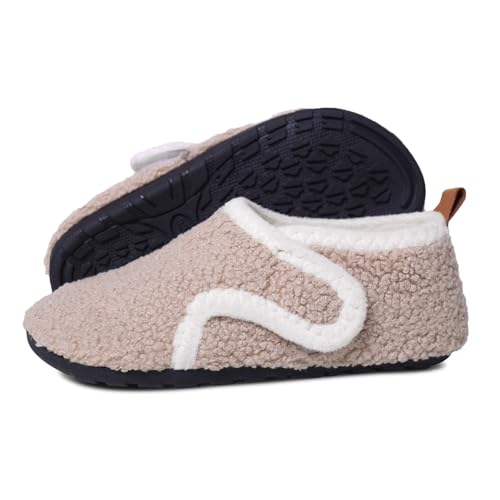 Kids Slippers Boys Girls Warm Fleece House Shoes with Anti-Slip Sole Soft Plush Winter Slippers for Toddlers Children Beige 11/12 - Image 3