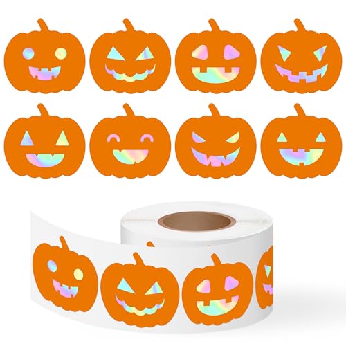 500Pcs Halloween Pumpkin Stickers Roll Holographic Laser Jack o Lantern Face Self-Adhesive Label Decals Iridescent Trick Or Treat Envelope Seals Journal DIY Crafts Decor Spooky Party Favors 8 Designs