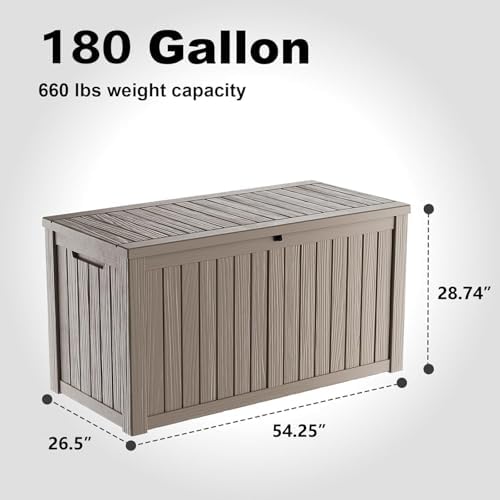 DRATO 180 Gallon Outdoor Storage Box, Large Waterproof Deck Box, Lockable Resin Storage Container with Reinforced Support for Patio Cushions, Garden Tools, UV-Resistant Outdoor Chest(Gray,180 Gallon) - 1