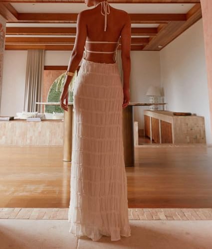 Image of Women Halter Neck Maxi Dress Sleeveless Lace Tiered Smocked Long Dress Sexy Backless Party Vacation Beach Sundress Apricot