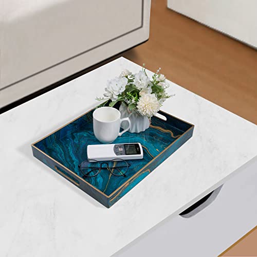 MAONAME Plastic Decorative Tray, Marbling Tray with Handles, Rectangular Coffee Table Tray, Serving Tray for Ottoman, Bathroom, 15.6” x 11.8”, Blue