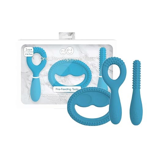 Image of ezpz Oral Development Tools (3 Pack in Blue) - 3 Months+ - Non-Slip Loop, Smile and Stick 100% Silicone Tools - Prepare for Chewing + Solids - Baby-Led Weaning Supplies
