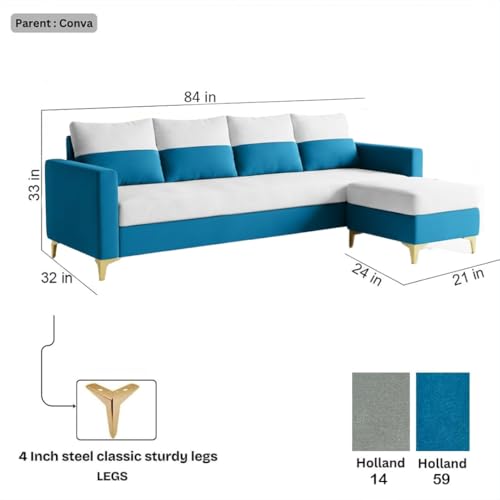 Image of FURNY Canvora 5 Seater L Shape Sofa Set with Movable Ottoman | Flexible Left or Right Layout | Plush Velvet Fabric (Light Grey-Aqua Blue) | Perfect for Living Room, Guest Room & Office