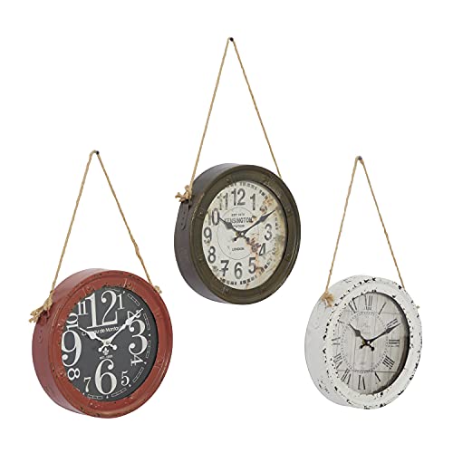 Deco 79 Metal Wall Clock With Rope Accents, Set Of 3 11"D, White #TOP2