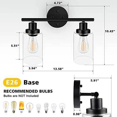 Image of Unicozin 2 Light Vanity Lights, Black Wall Sconce Light with Clear Glass, Bathroom Light Fixtures, Wall Lights for Mirror, Living Room, Bedroom, Hallway, E26 Base (Bulbs Not Included)