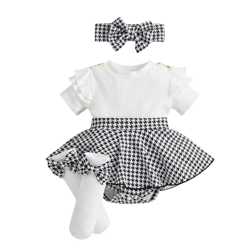 Yigubigu Infant Baby Girl Spring Summer Outfit Baby Dress Short Sleeve Plaid Romper Dress + Socks + Headband Newborn Skirt Set Clothes (Ivory, 3-6 Months)