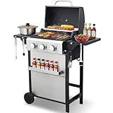 Stainless Steel 3-Burner Propane Gas Grill – 30,000 BTU Output, Porcelain-Enamel Grates, Even Heating System & Easy Grease Management for Backyard Patio BBQ Parties