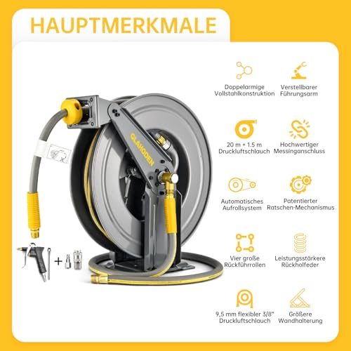 GLAHODEN Doppelarmiger einziehbarer Luftschlauchtrommel, 20M, Hybrid-Schlauchtrommel, robuster Stahl, professionelle Luftkompressor-Schlauchtrommel mit 1,5 m langem Kabel in max. 20 Bar