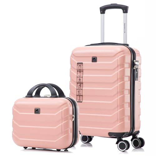 ALLABARD Kit Mala de Bordo Mão 8KG e Frasqueira ABS para Viagem com Rodinha Removível 360° e Ziper Duplo Antifurto Cadeado com Senha P015 (Rosa)