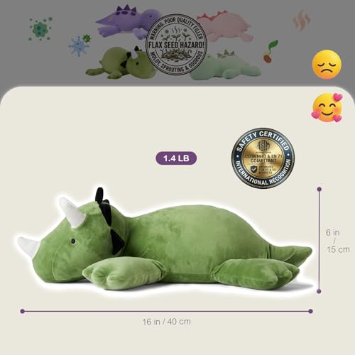 KOWSI® Microwavable Heating Pad Green Triceratops Plush - 1.4 Lb Weighted Stuffed Animal Toy with Tourmaline Beads & Lavender - 16" Squished Long Dinosaur Pillow - Lumbar Back Cushion Lasting Warmth - Thumbnail 6