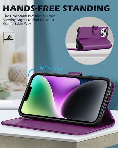 Shieldon Wallet Case For Iphone 14 6.1" 2022, Genuine Leather Iphone 14 Flip Case With Rfid Blocking Credit Card Holder Kickstand Full Protection Case Compatible With Iphone 14 5G - Purple #TOP4