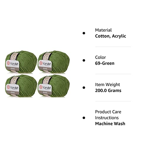 4 Skeins Yarnart Jeans 55% Cotton 45% Acrylic Yarn Blend Thread Crochet Hand Knitting Art Lot Of 4Skn 200 Gr 696 Yds (69-Green) #TOP1