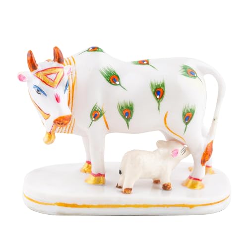 Image of Calf Statue in Marble Dust, 9CM Holy Cow. Idol, Showpiece for Home Decor, Handmade Divine Cow., Mother Cow.with Baby Calf, kamdhenu Gold (mor)