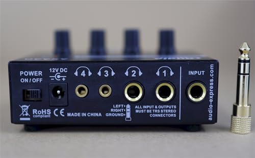 Audio Express AXA40 Mini 4 Channel Combination 1/4\" and 3.5mm TRS Stereo Headphone Amplifier w/Two 3.5mm and Two ¼” TRS Stereo Outputs Includes 12V Power Supply and One 3.5mm to ¼” Audio Adapter