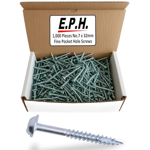 E.P.H. Pocket Hole Screws, No.7 x 32mm, Pack of 1,000, Fine Self-Cutting Thread, Square Drive, For Hardwoods, EPHS7321000F