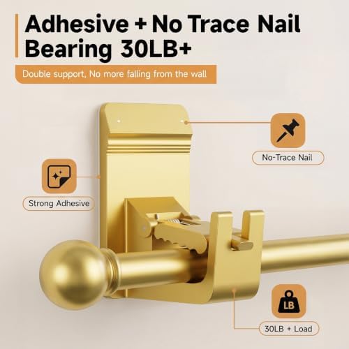 Universal Heavy Duty Curtain Rod Brackets, No Drill Curtain Rod Brackets with Adhesive & Invisible Nail, 30+LB Load Curtain Rod Holders, Damage Free Curtain Rod Hooks for Wall, Bathroom, Kitchen 2PC - 4