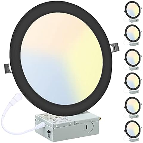 LZHOME 6 Pack 8 Inch LED Recessed Lighting with Junction Box Ultra-Thin, 3000K/4500K/6000K Selectable, 8" Dimmable Canless LED Downlight, 1800LM CRI80 High Brightness 5%-100% Recessed Light (Black) Cover