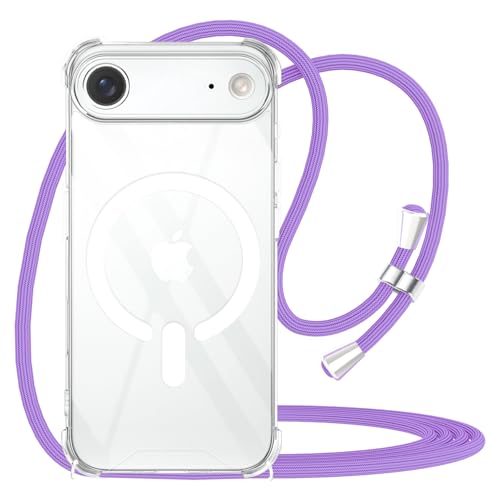 Crossbody Case for iPhone 17 Air Clear Adjustable Lanyard Strap [ Compatible with Magsafe ] Tough Slim Case Anti-Yellowing Shockproof Protective Magnetic Mobile Cover for iPhone 17 Air - Purple