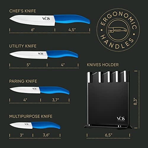 Vos Ceramic Knife Set, Ceramic Knives Set For Kitchen, Ceramic Kitchen Knives With Holder, Ceramic Paring Knife 3", 4", 5", 6" Inch Blue #TOP4