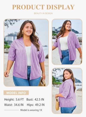 Image of Eytino Plus Size Cardigan for Women Half Sleeve Knitted Jacquard Summer Kimono Cover up Tops(1X-5X)
